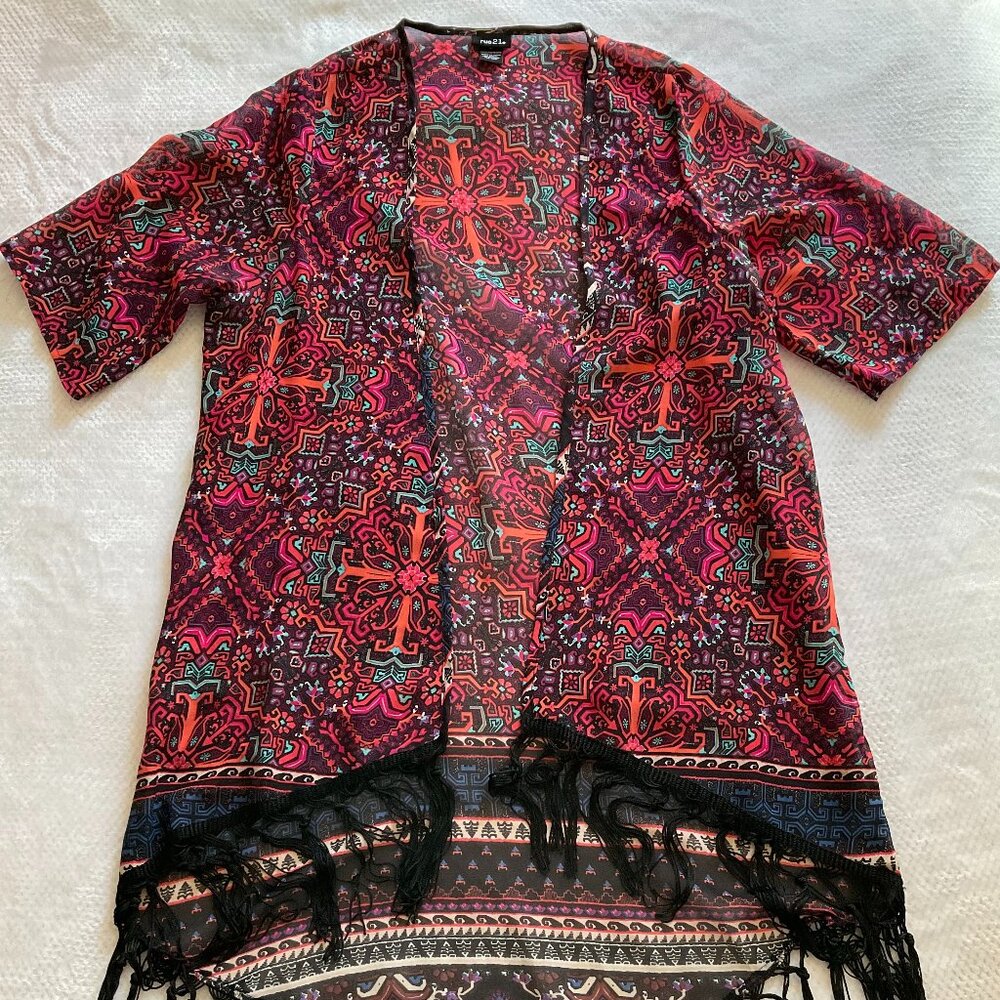 Rue 21 Kimono in Multicolor Geometric Aztec Pattern with Fringed Hem Size M